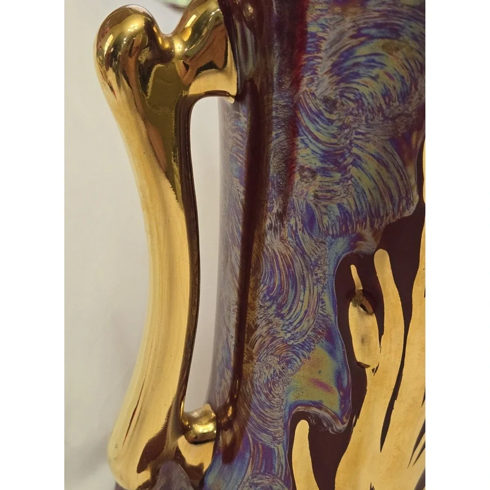 Vintage Burgundy Art Nouveau Vase Iridescent Gloss With 22K Gold Accents - GUC